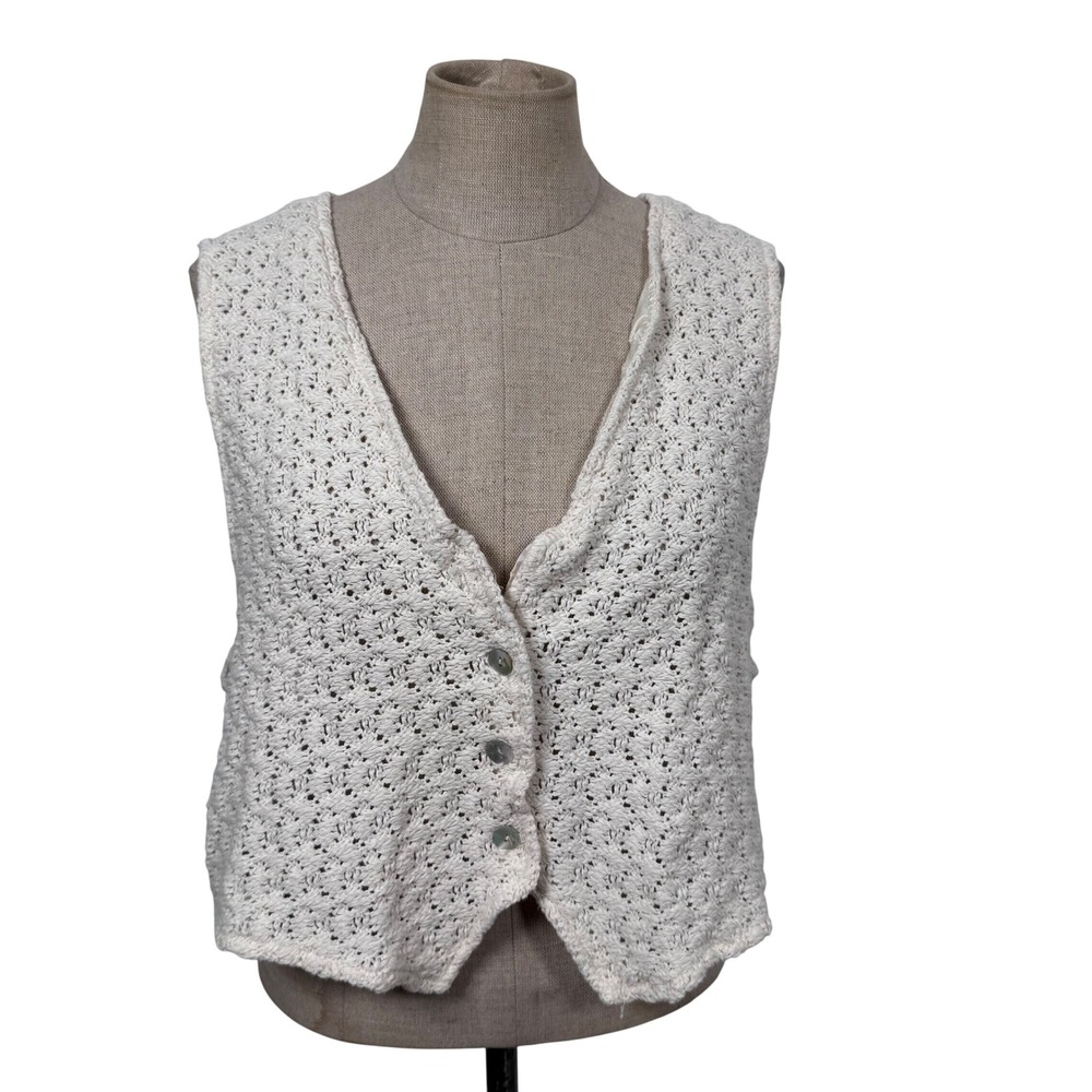 Vintage 90s Crochet Knit Vest Women L Cream Cottagecore Indie Cowgirl Festival